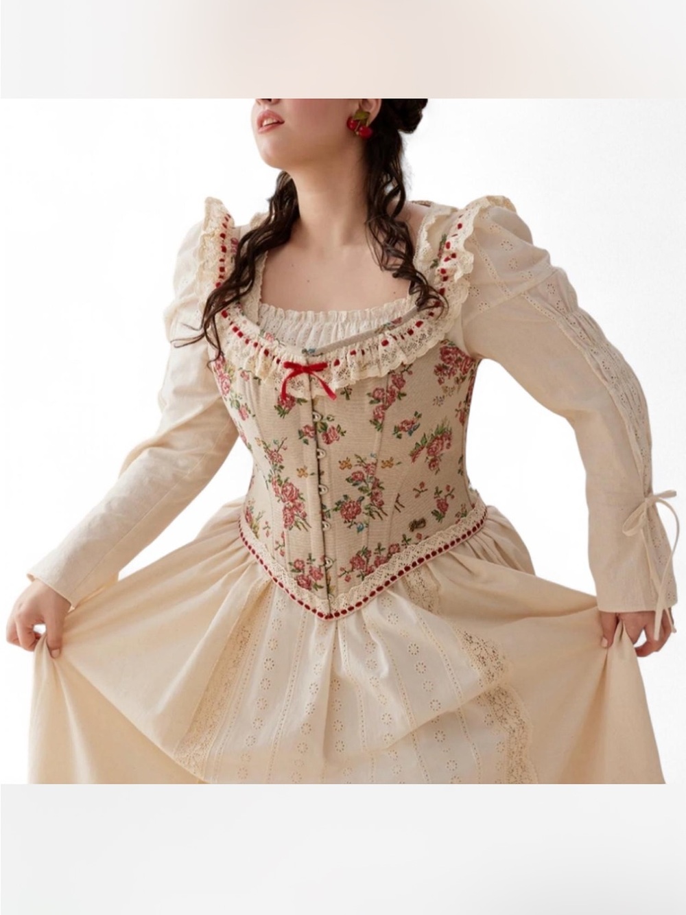 *NWT* LACEMADE Rosey Christmas Cottage Corset Ivory & Red Crochet Detailing — M
